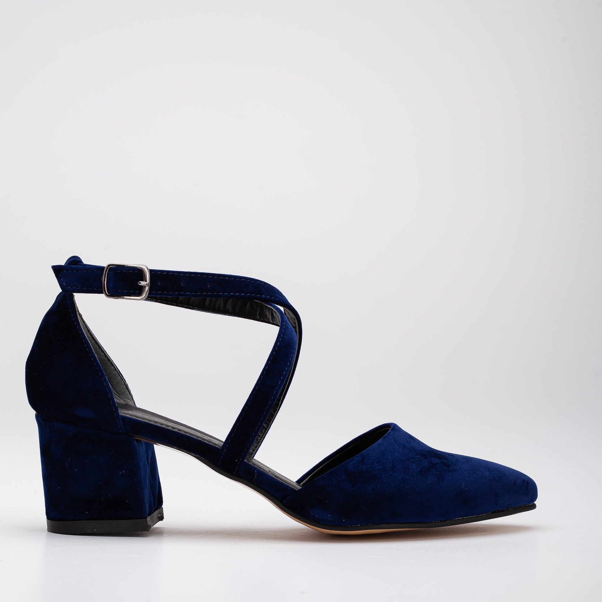Dolly - Blue Velvet Block Heels by Prologue Shoes - Bare Fashion