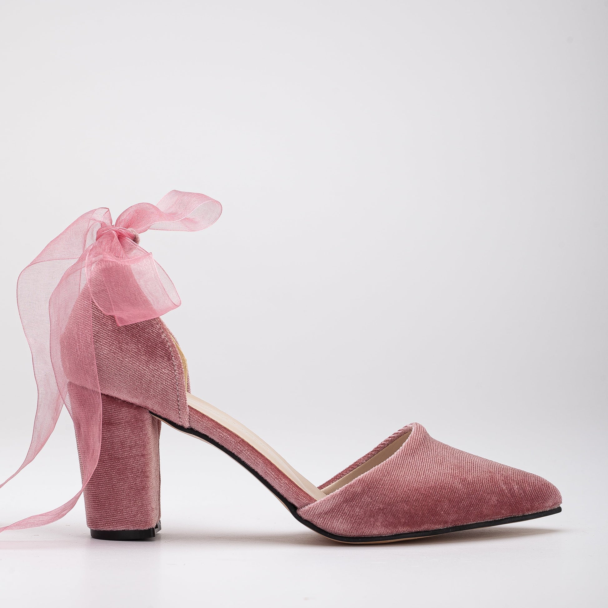 Gisele - Rose Velvet Heels with Ribbon by Prologue Shoes - Bare Fashion