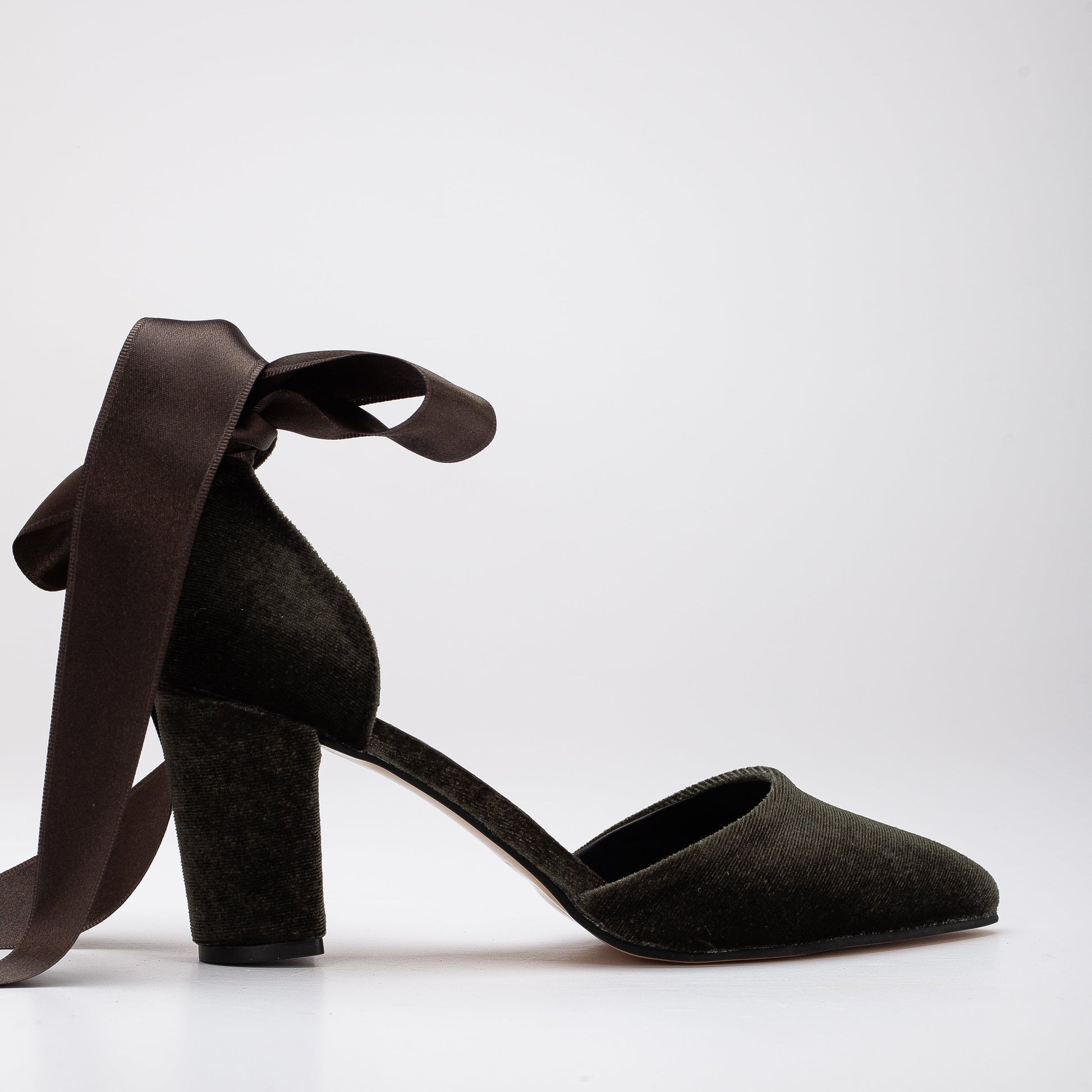 Gisele - Olive Green Velvet Heels with Ribbon by Prologue Shoes - Bare Fashion