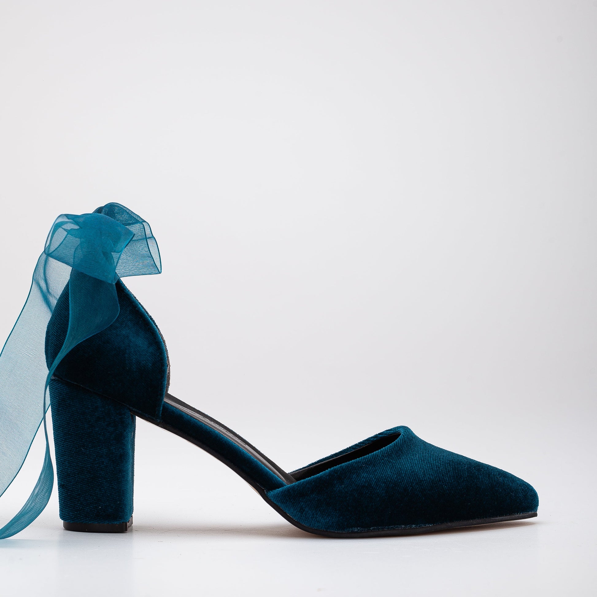 Gisele - Teal Blue Velvet Heels with Ribbon by Prologue Shoes - Bare Fashion