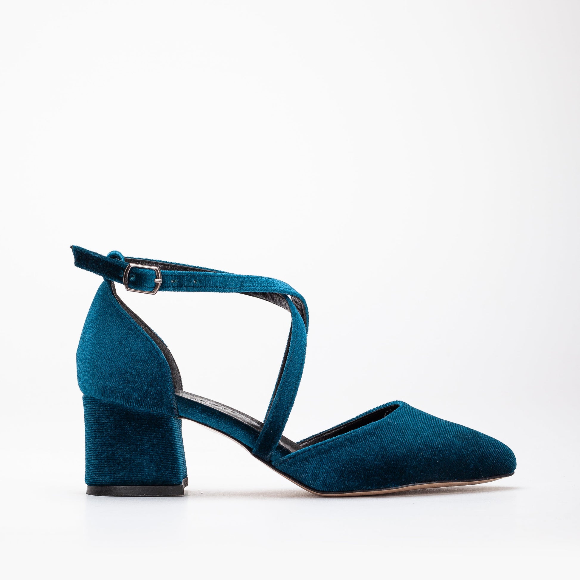 Dolly - Teal Blue Velvet Block Heels by Prologue Shoes - Bare Fashion