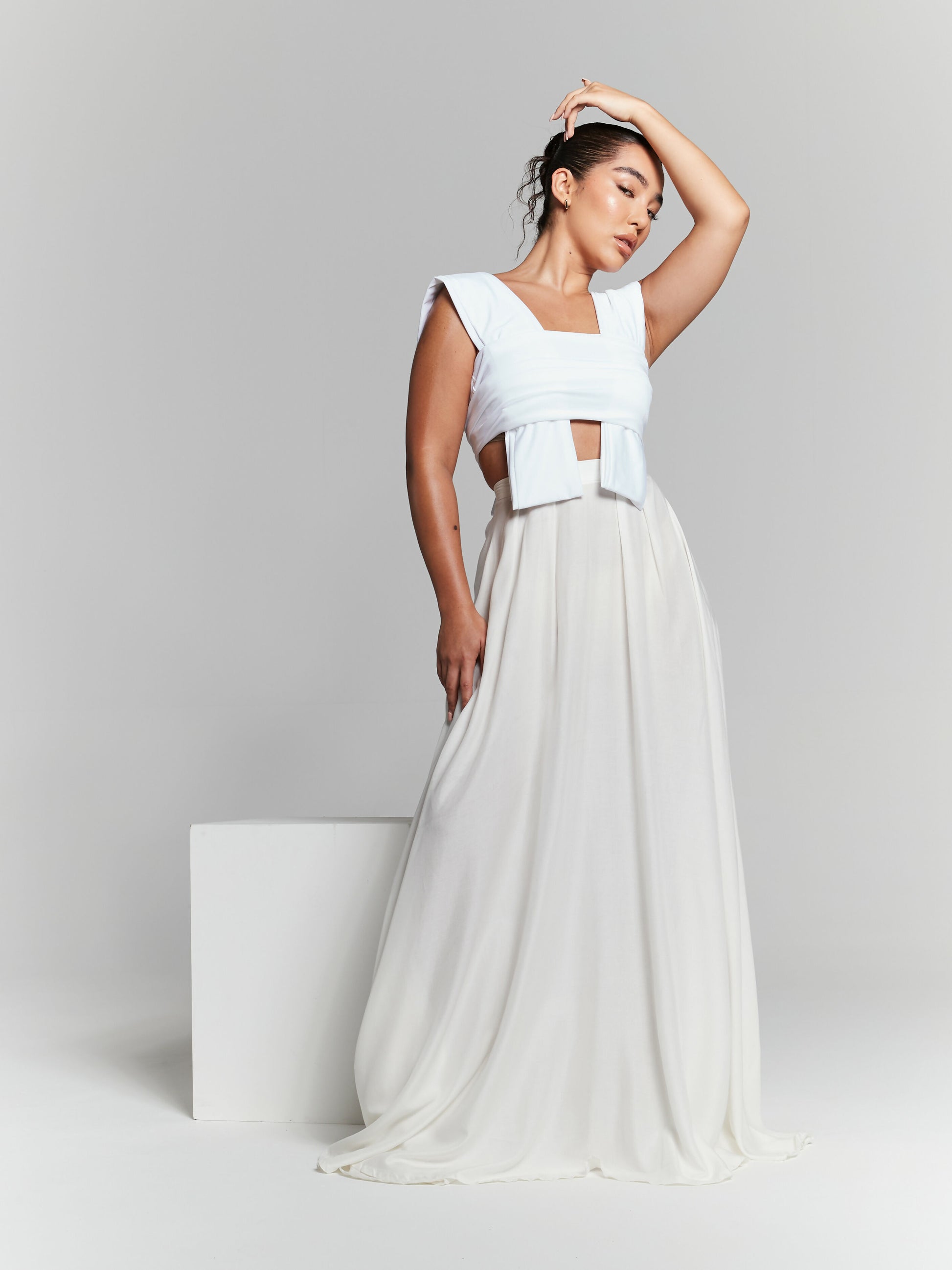 Ivory Pleated Flared Maxi Skirt by InFlair - Bare Fashion