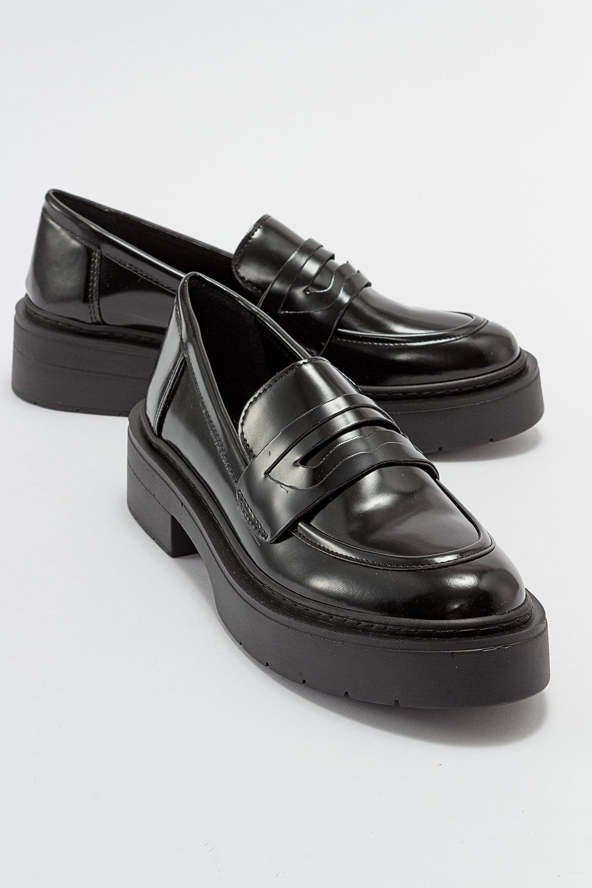 Josie - Black Patent Platform Loafers by Prologue Shoes - Bare Fashion