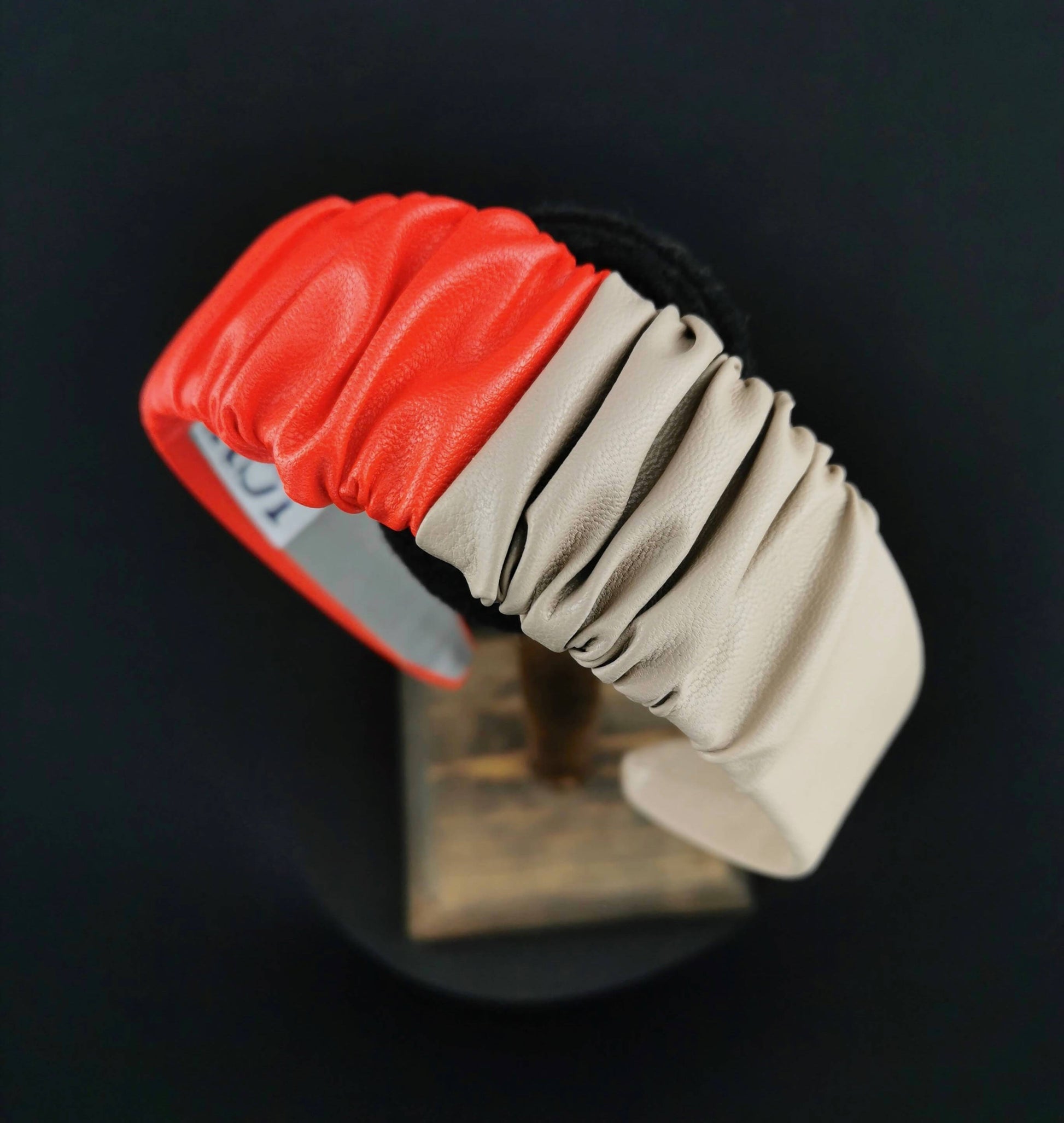 Headband in Beige and Red Faux Leather with Matching Scrunchie by JCN Fascinators - Bare Fashion