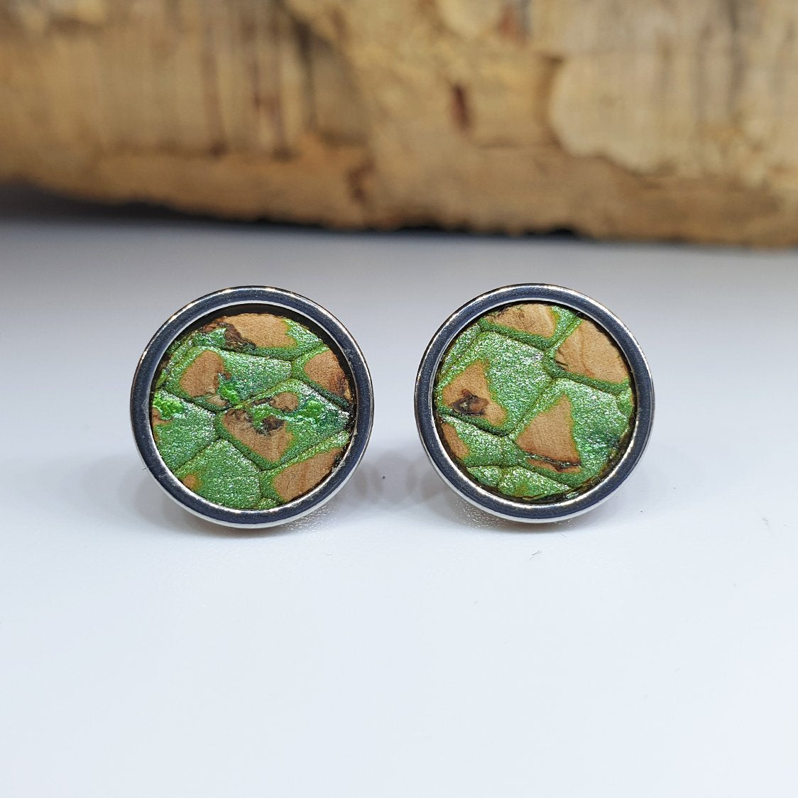Fabrikk Cork Stud Earrings | Large | Green Python Skin | Vegan Leather by FABRIKK - Bare Fashion