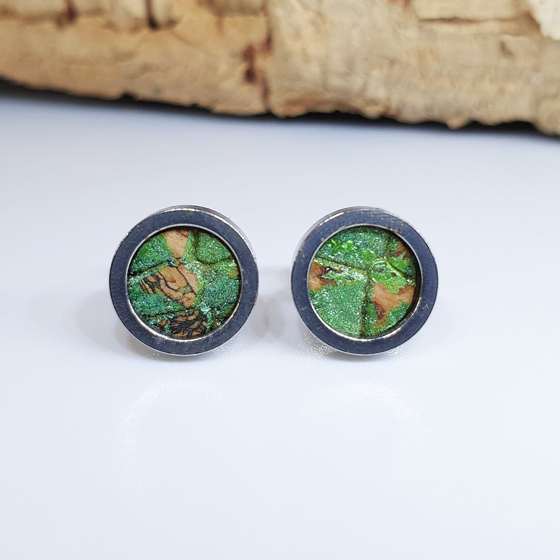 Fabrikk Cork Stud Earrings | Dwarf Size | Green Python Skin | Vegan Leather by FABRIKK - Bare Fashion