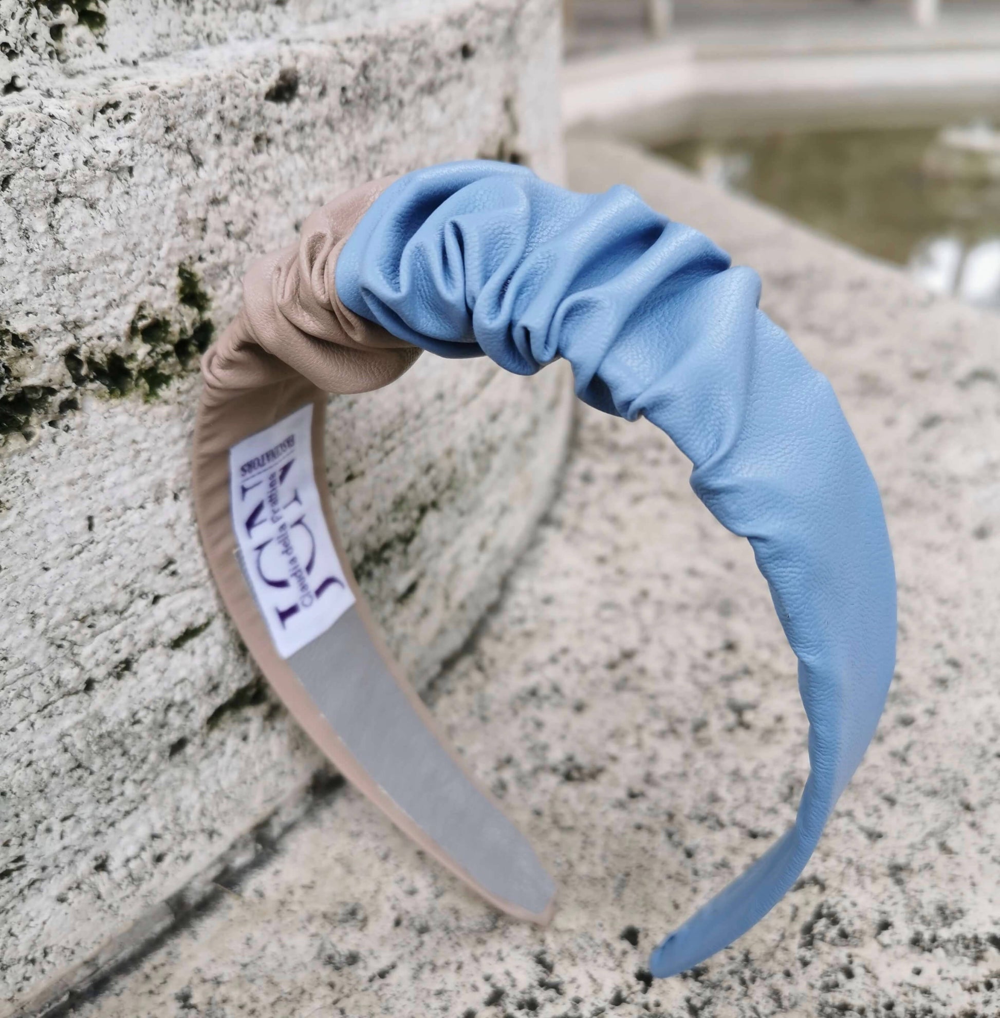 Headband in Beige and Sky Blue Faux Leather with Matching Scrunchie by JCN Fascinators - Bare Fashion