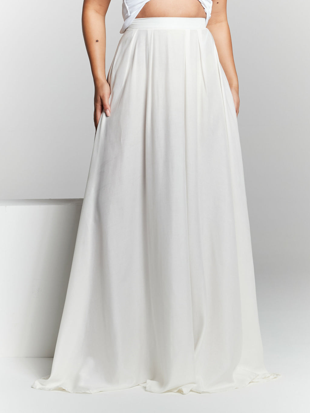 Ivory Pleated Flared Maxi Skirt by InFlair - Bare Fashion