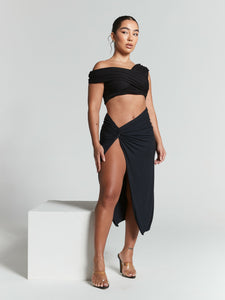 Rhea Black Multiway Ruched Bardot Bodysuit by InFlair - Bare Fashion