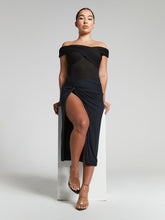 Load image into Gallery viewer, Lexi Black Recycled Ruched Knot Midi Skirt by InFlair - Bare Fashion
