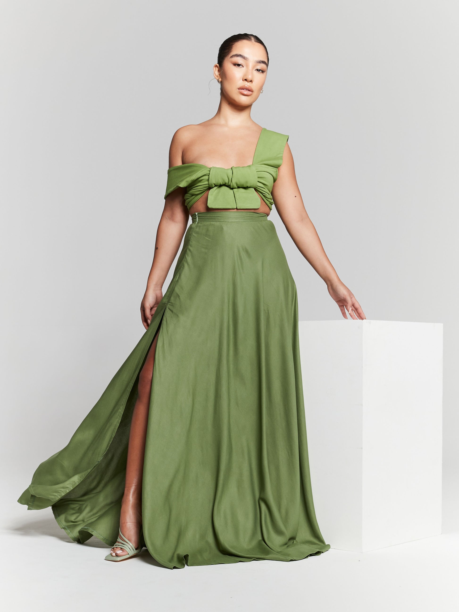 Olive Green Split Flared Maxi Skirt by InFlair - Bare Fashion