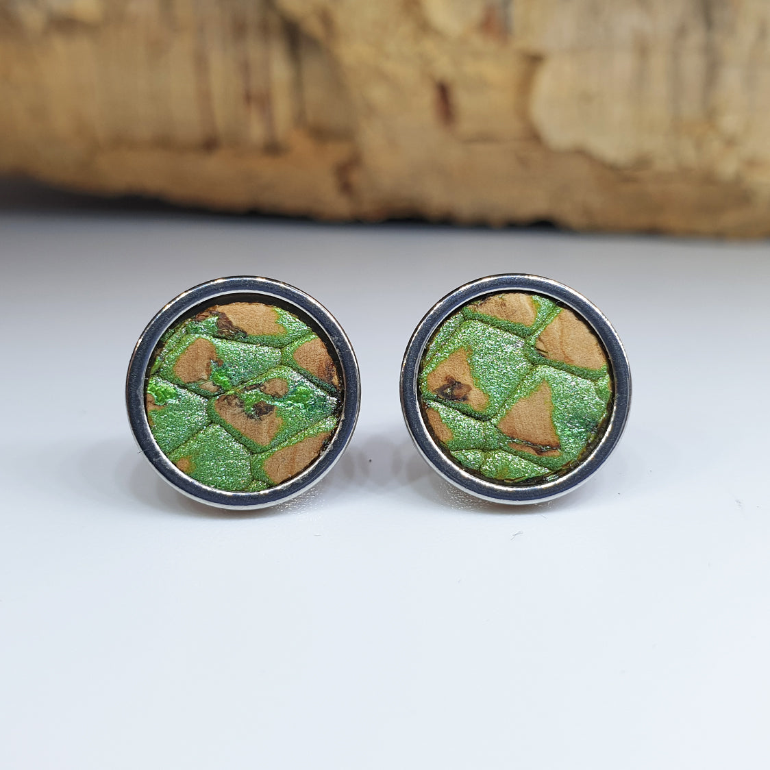 Fabrikk Cork Stud Earrings | Large | Green Python Skin | Vegan Leather by FABRIKK - Bare Fashion