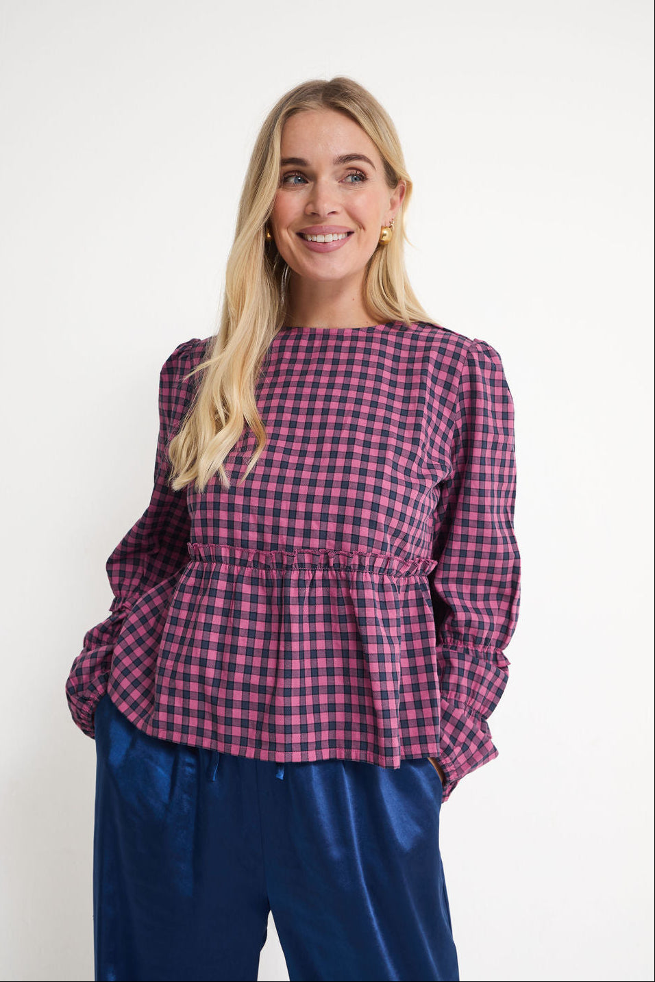 Erika Pink & Navy Gingham Top by Fika - Bare Fashion