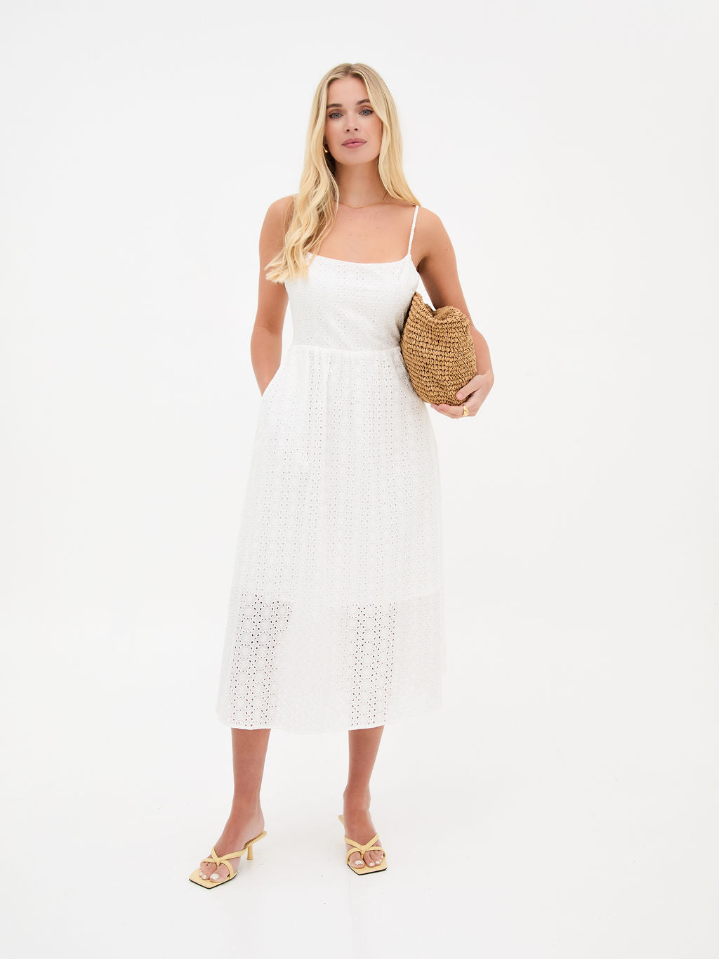 Dane White Cotton Broderie Midi Dress by Fika - Bare Fashion