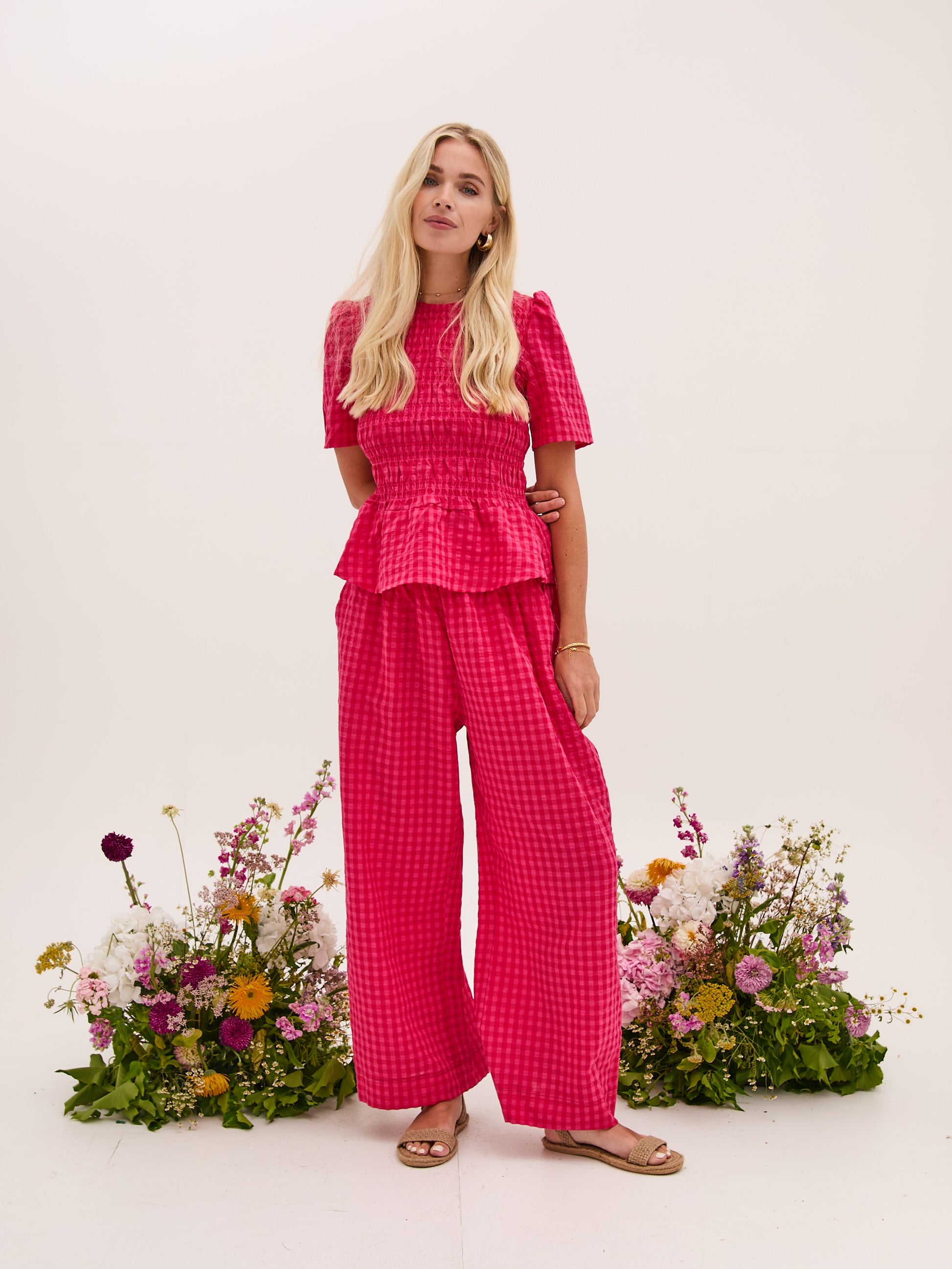 Marina Pink Gingham Peplum Top by Fika - Bare Fashion
