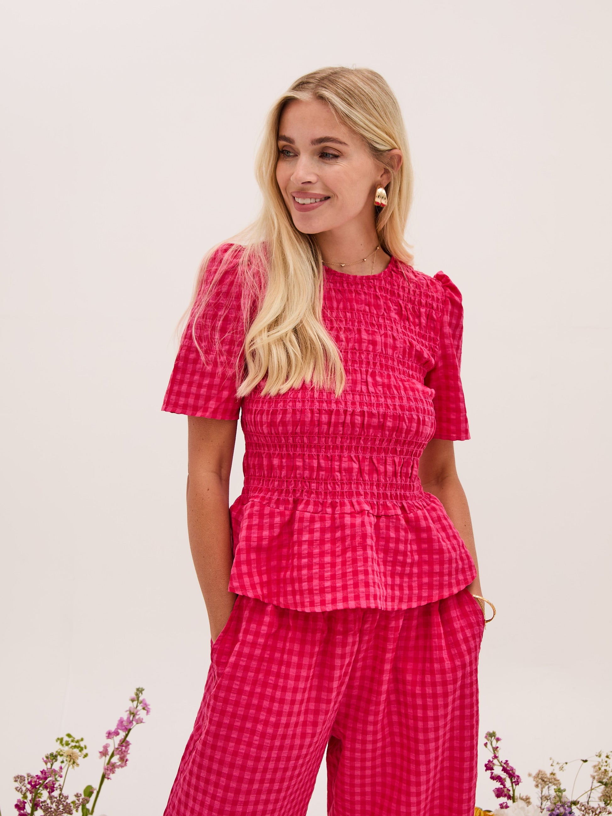 Marina Pink Gingham Peplum Top by Fika - Bare Fashion