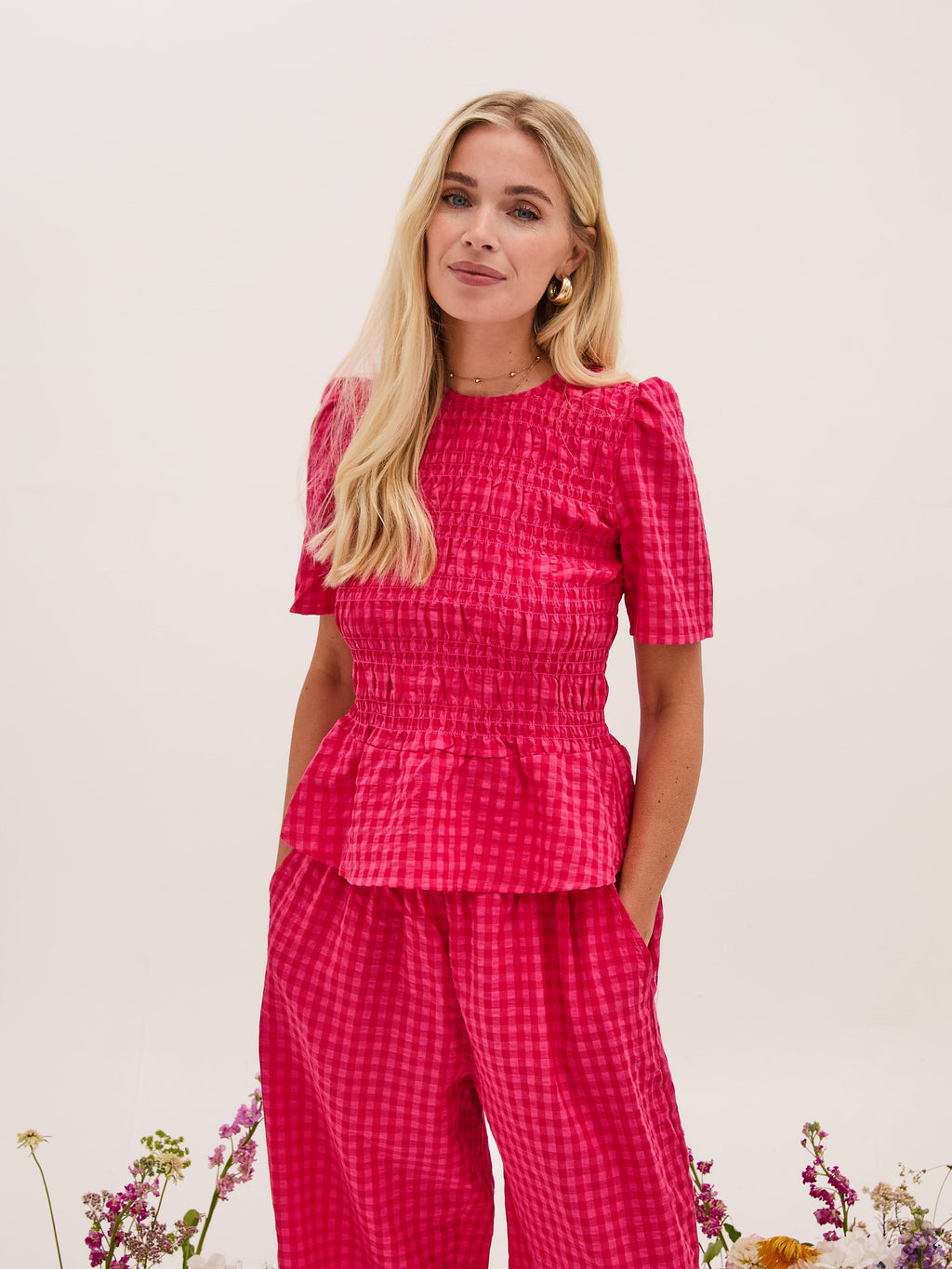 Marina Pink Gingham Peplum Top by Fika - Bare Fashion