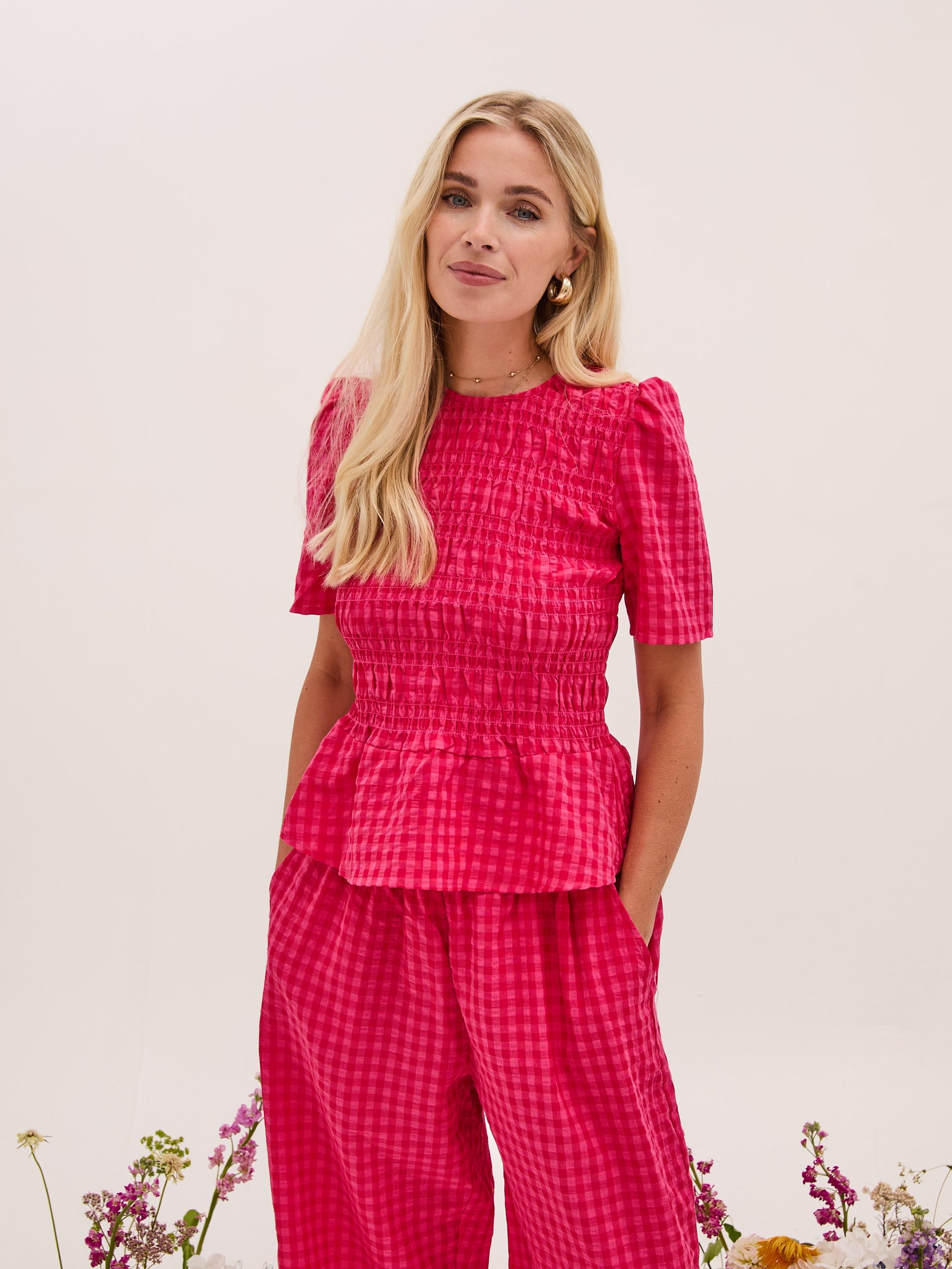 Marina Pink Gingham Peplum Top by Fika - Bare Fashion