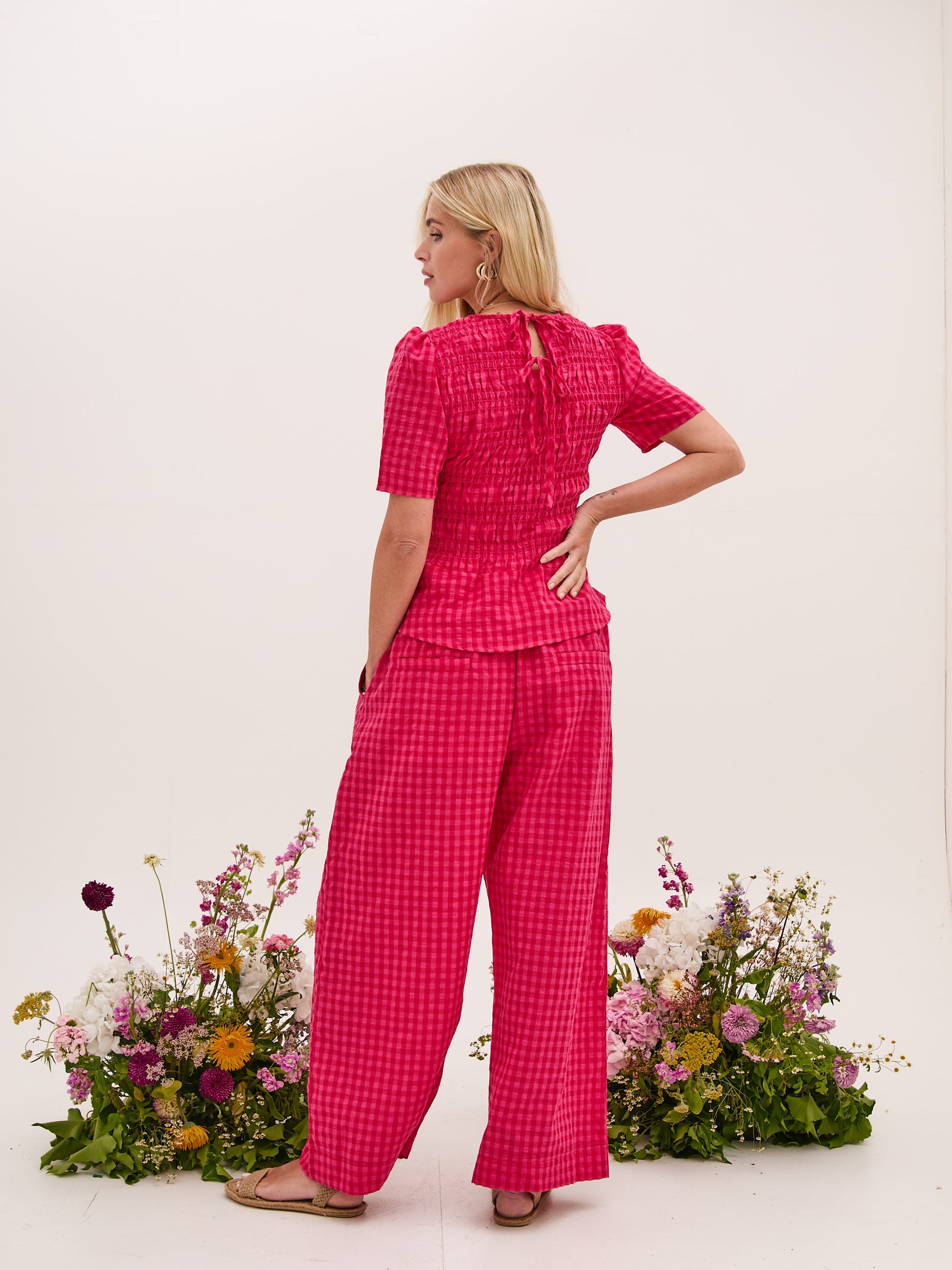 Marina Pink Gingham Peplum Top by Fika - Bare Fashion