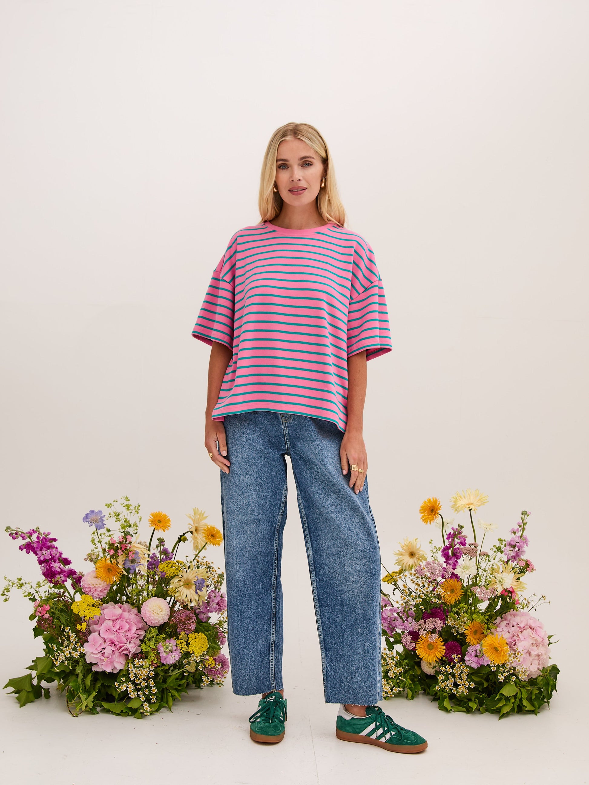 Sara Premium Cotton Pink & Green Striped T-Shirt by Fika - Bare Fashion