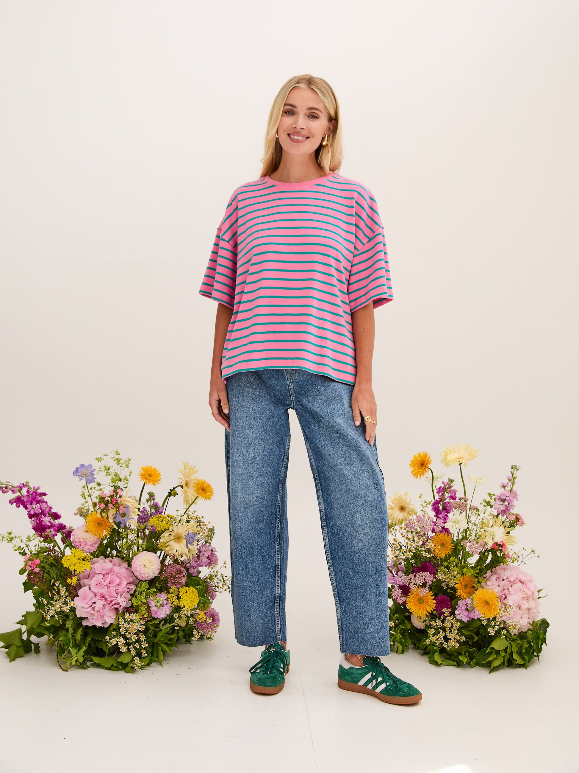 Sara Premium Cotton Pink & Green Striped T-Shirt by Fika - Bare Fashion