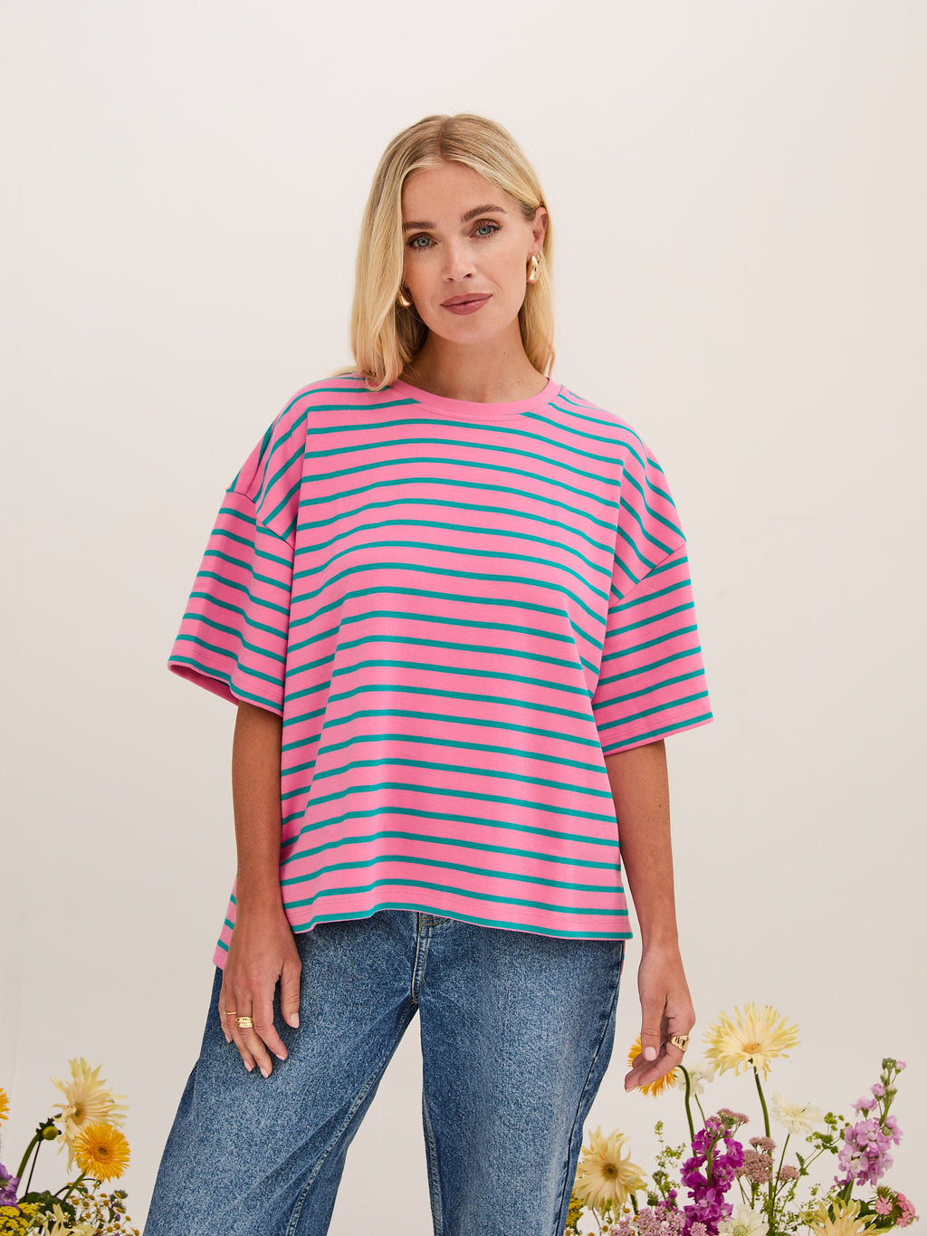 Sara Premium Cotton Pink & Green Striped T-Shirt by Fika - Bare Fashion