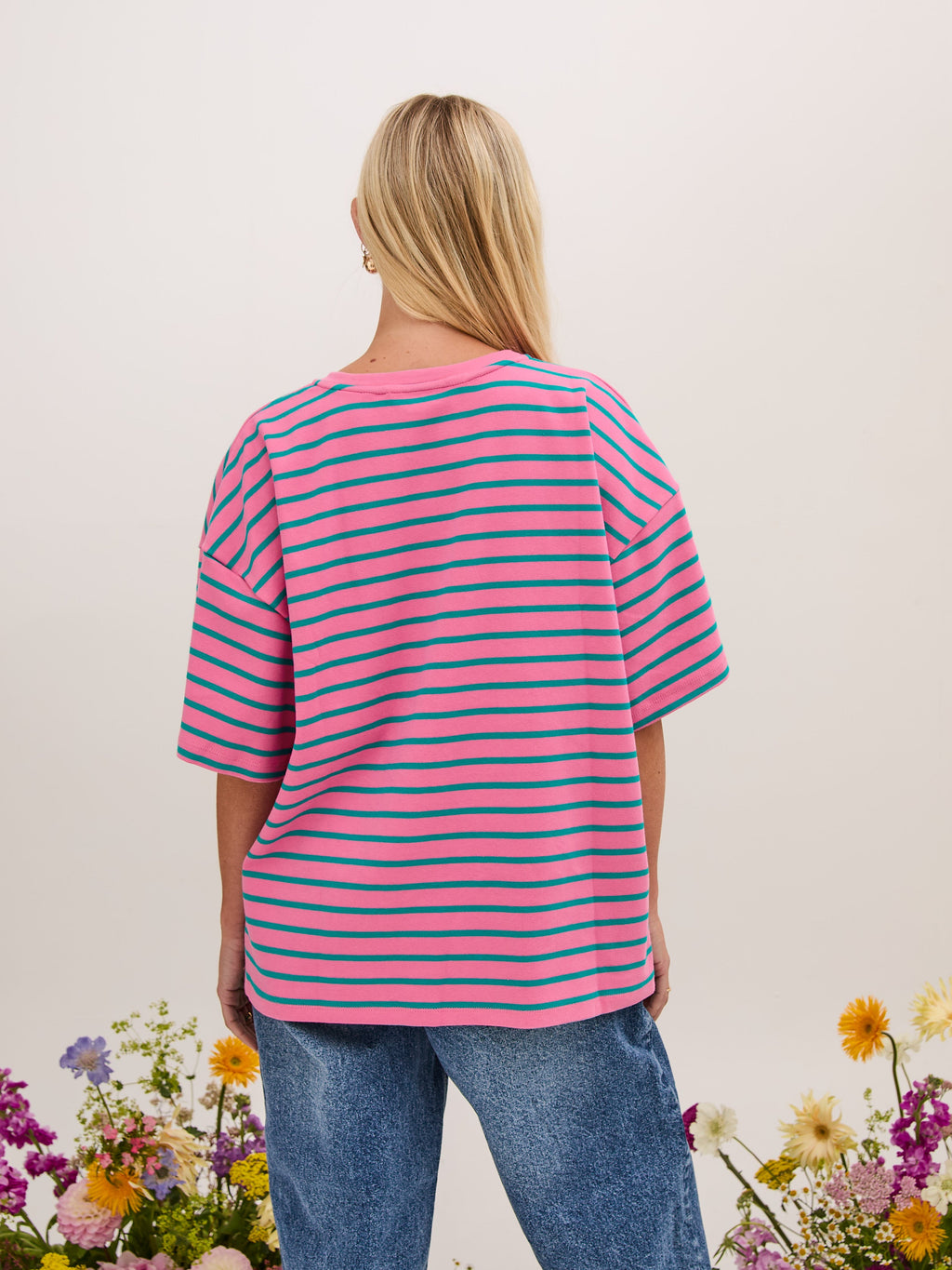 Sara Premium Cotton Pink & Green Striped T-Shirt by Fika - Bare Fashion