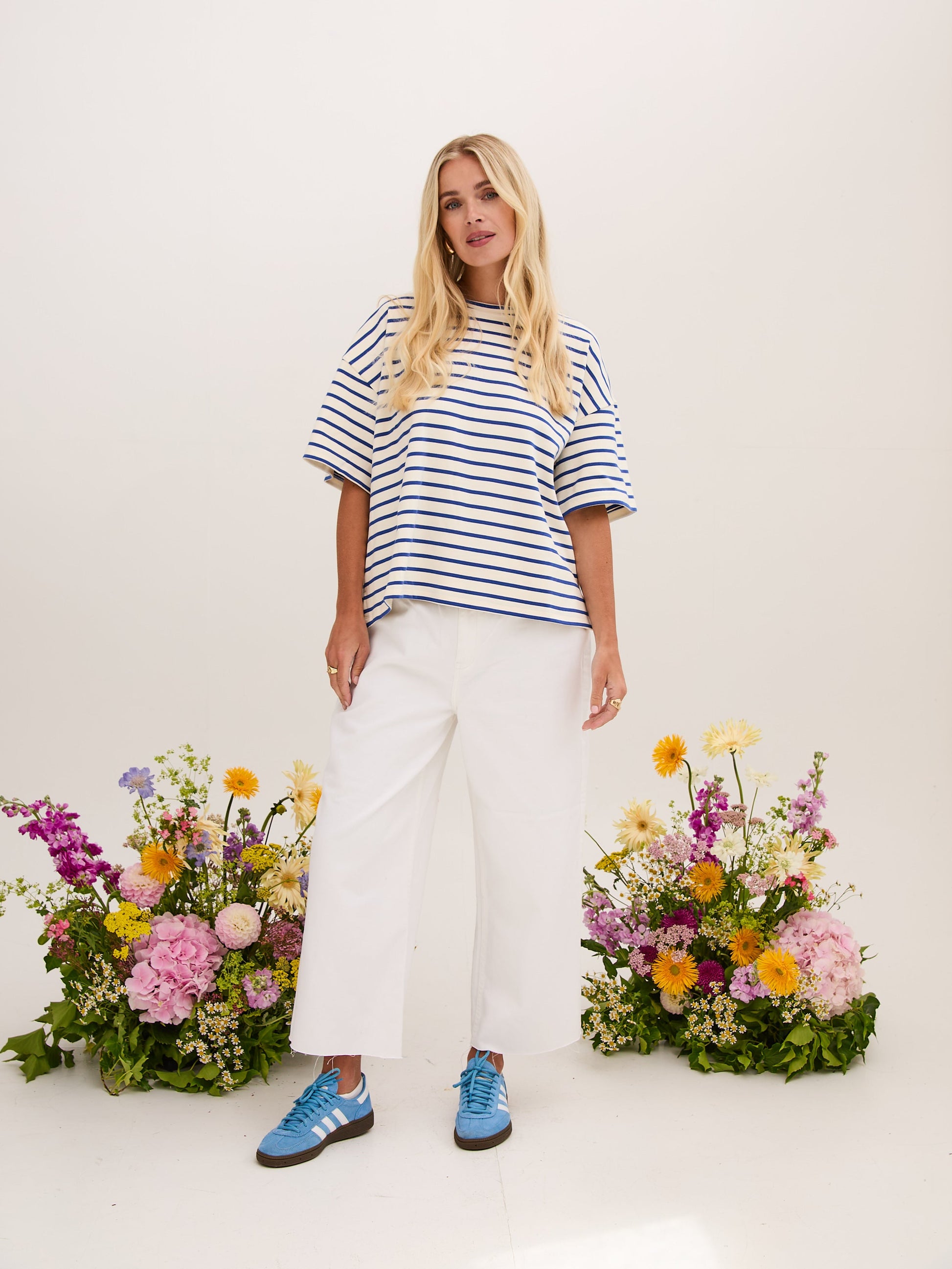 Sara Premium Cotton White & Blue Striped T-Shirt by Fika - Bare Fashion