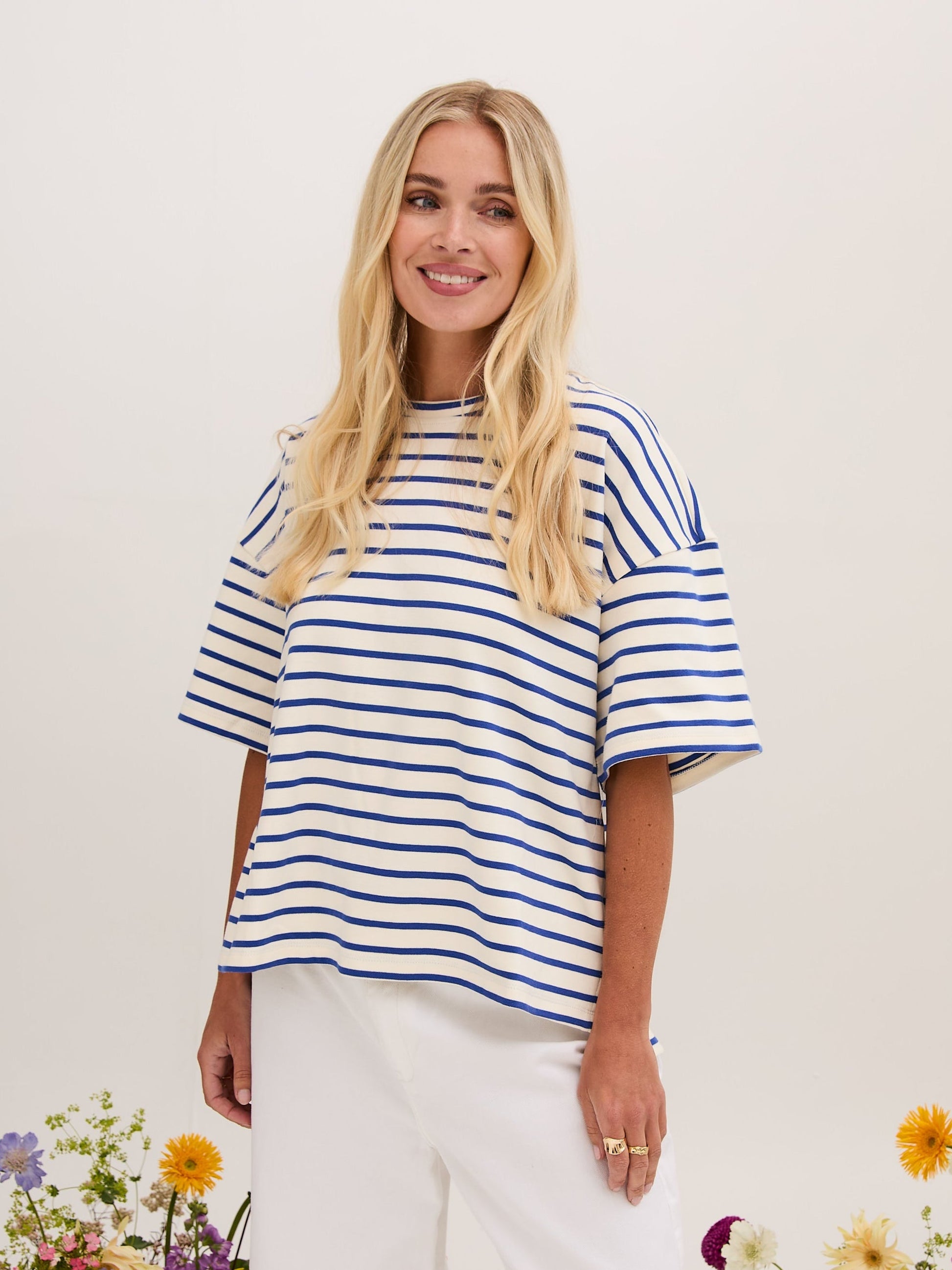 Sara Premium Cotton White & Blue Striped T-Shirt by Fika - Bare Fashion