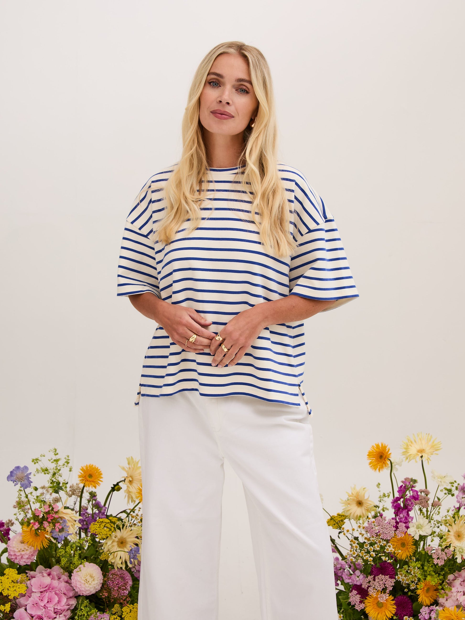 Sara Premium Cotton White & Blue Striped T-Shirt by Fika - Bare Fashion