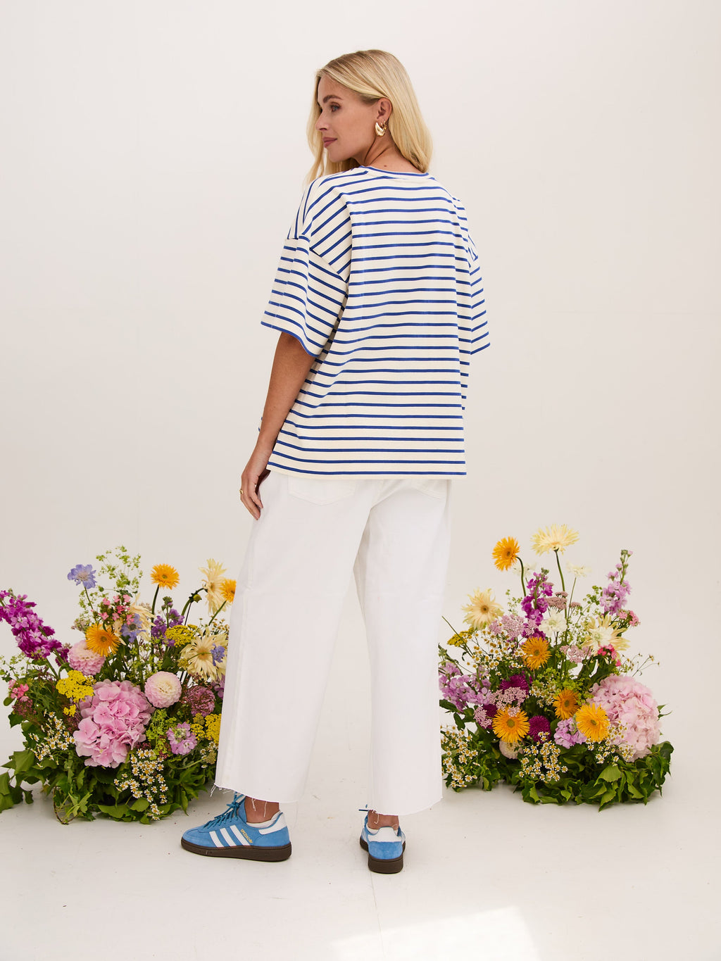 Sara Premium Cotton White & Blue Striped T-Shirt by Fika - Bare Fashion