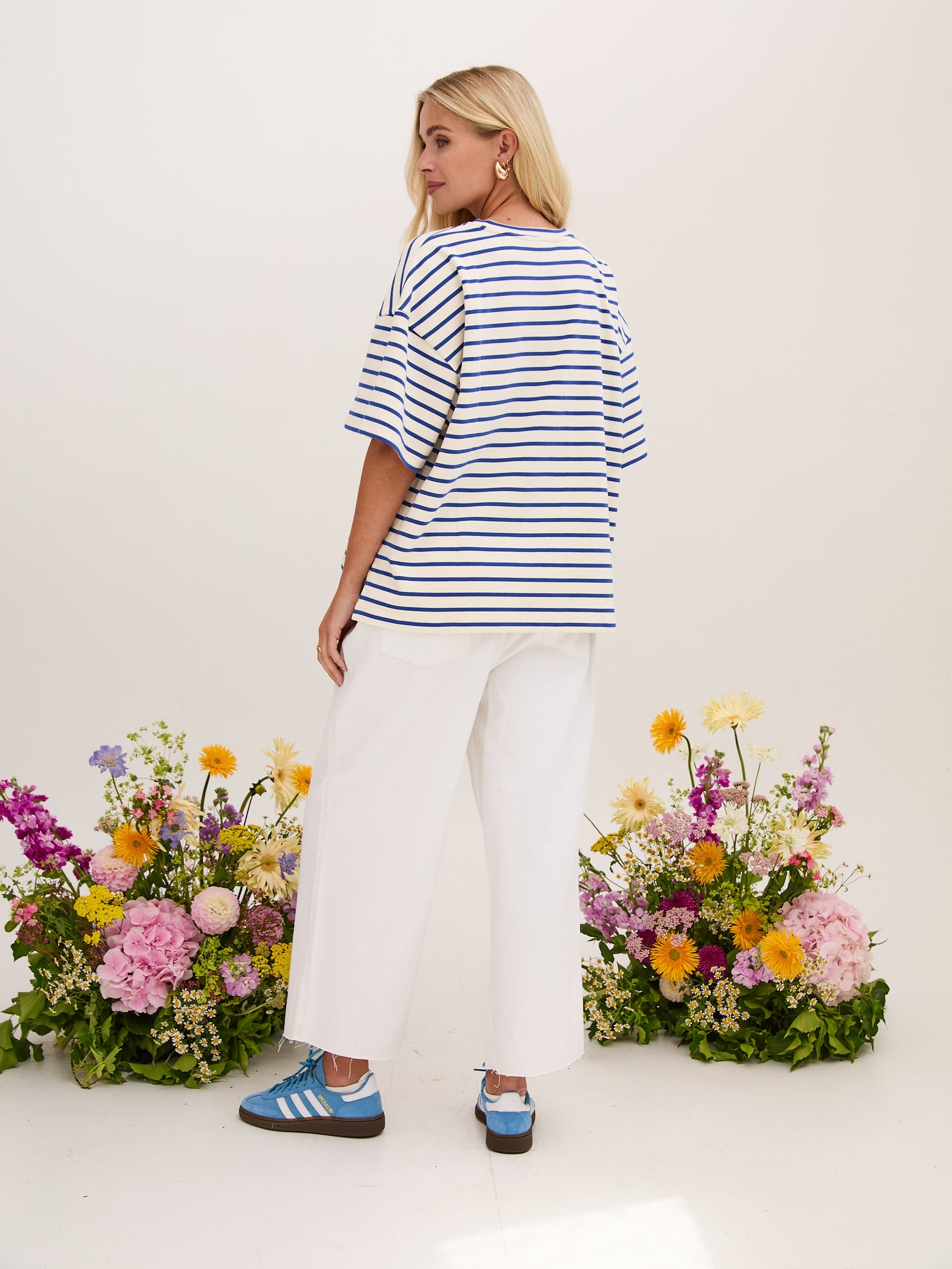 Sara Premium Cotton White & Blue Striped T-Shirt by Fika - Bare Fashion