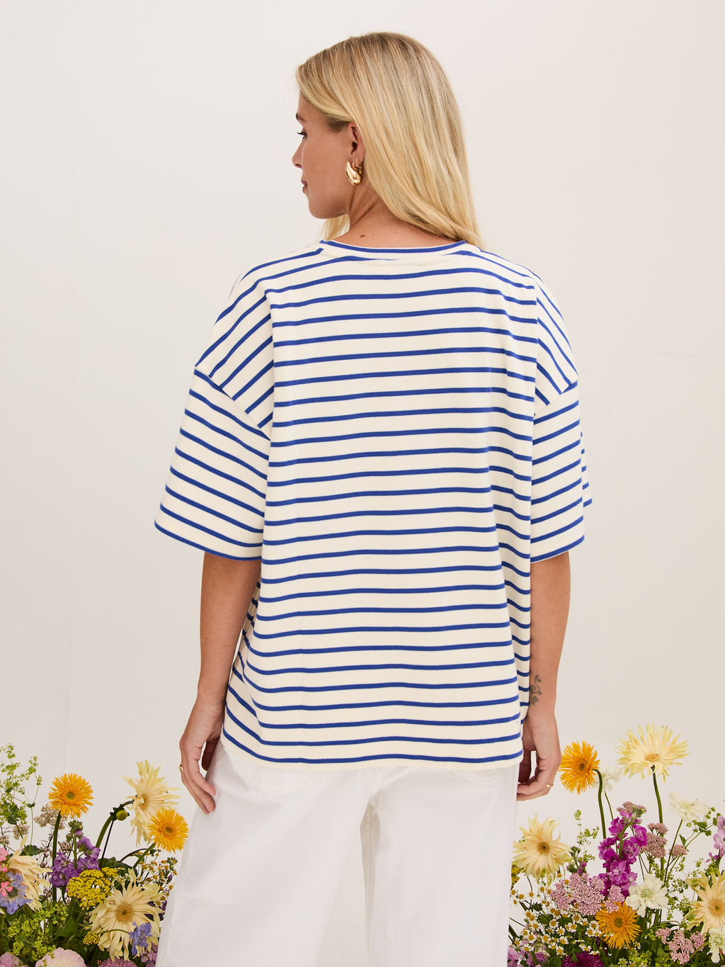 Sara Premium Cotton White & Blue Striped T-Shirt by Fika - Bare Fashion