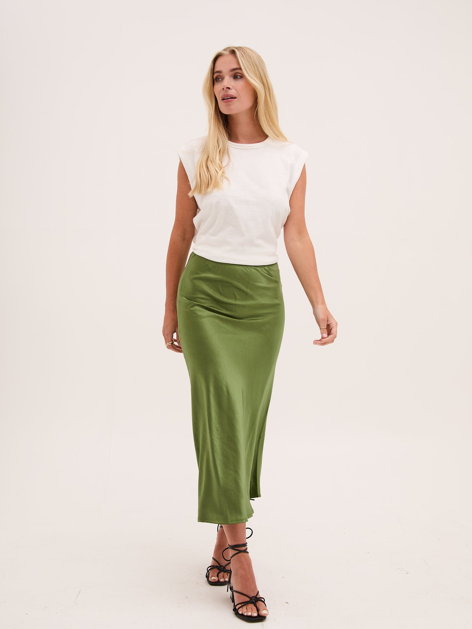 Angel Khaki Satin Skirt by Fika - Bare Fashion