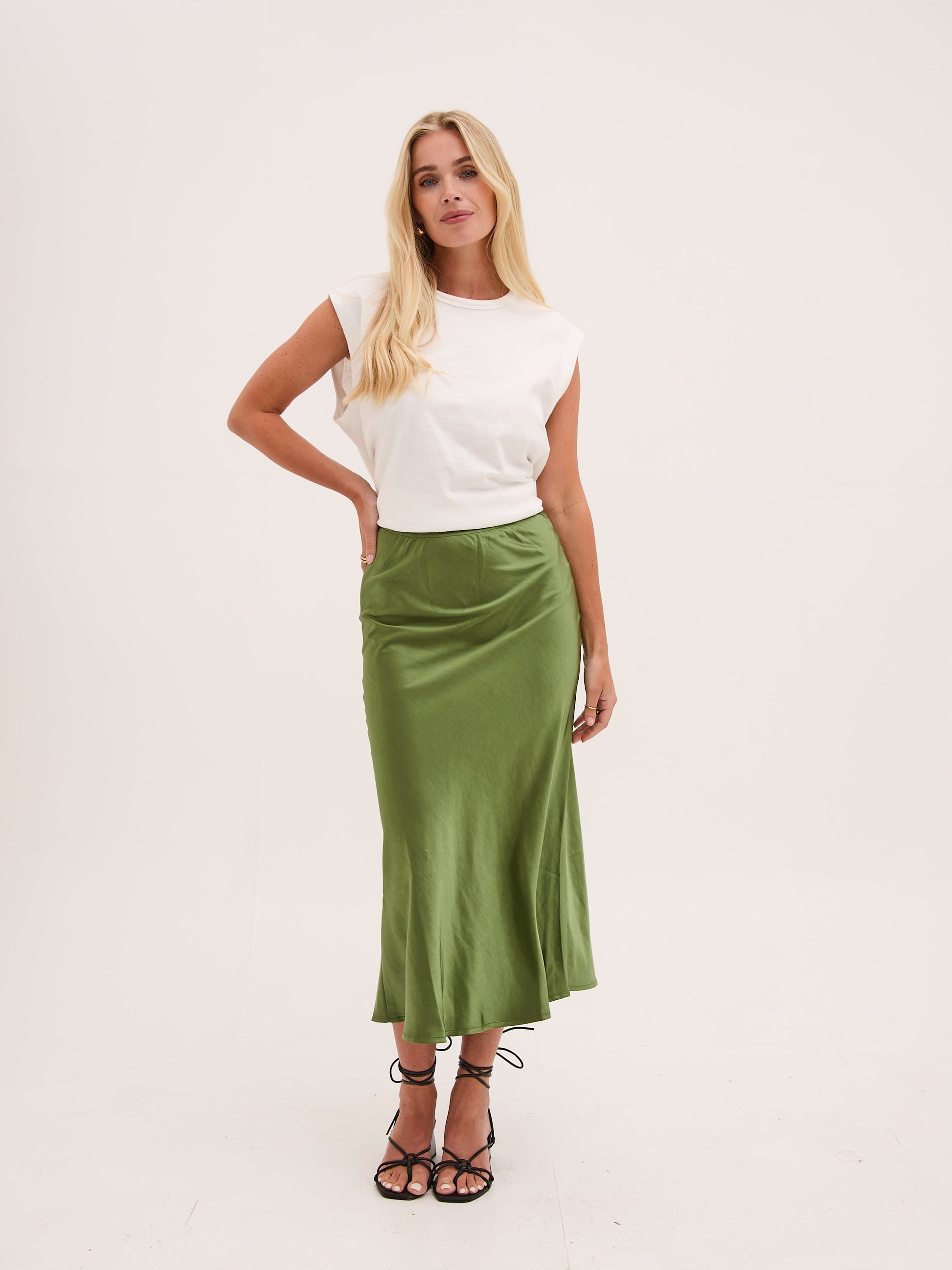 Angel Khaki Satin Skirt by Fika - Bare Fashion