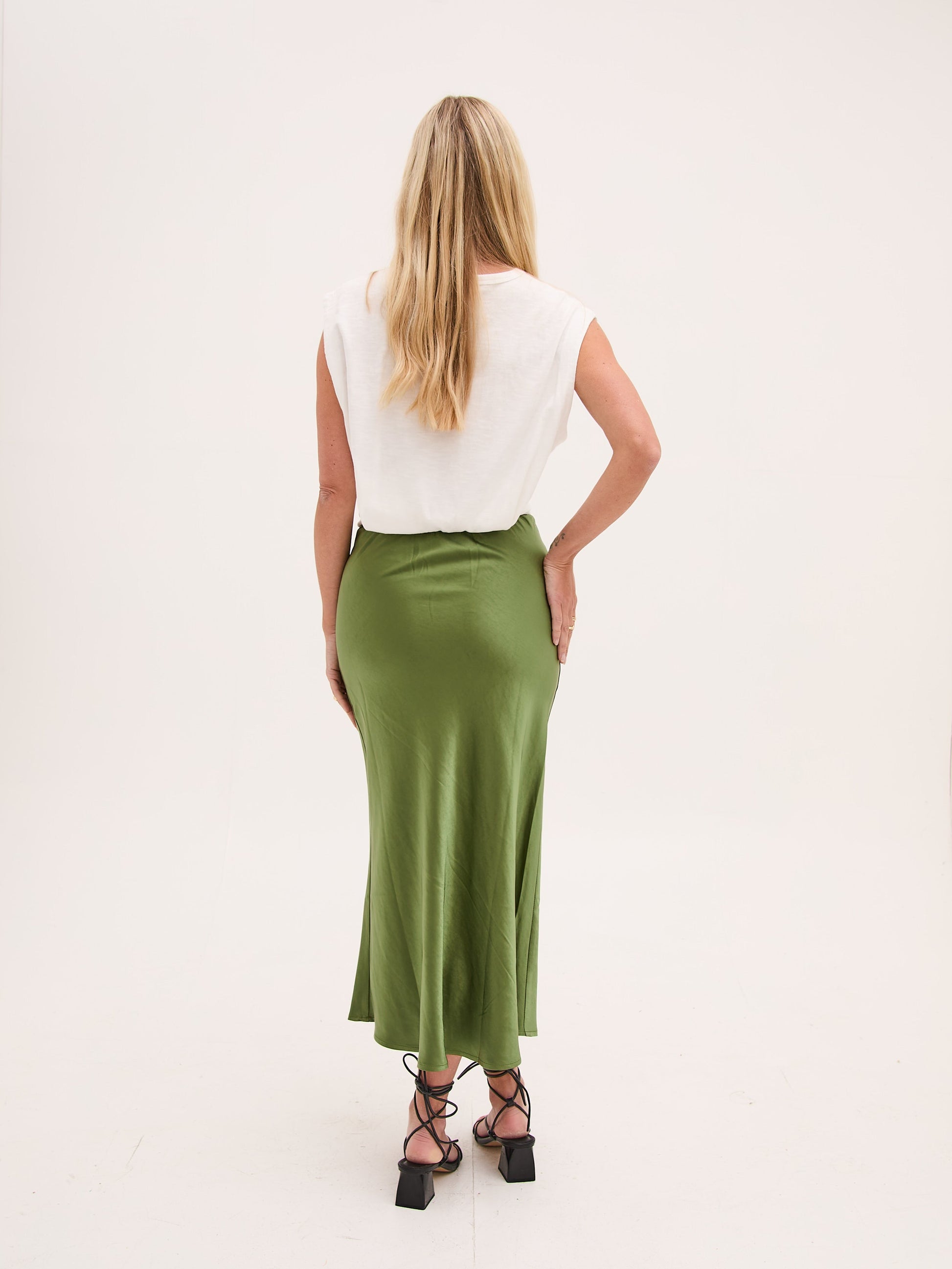 Angel Khaki Satin Skirt by Fika - Bare Fashion