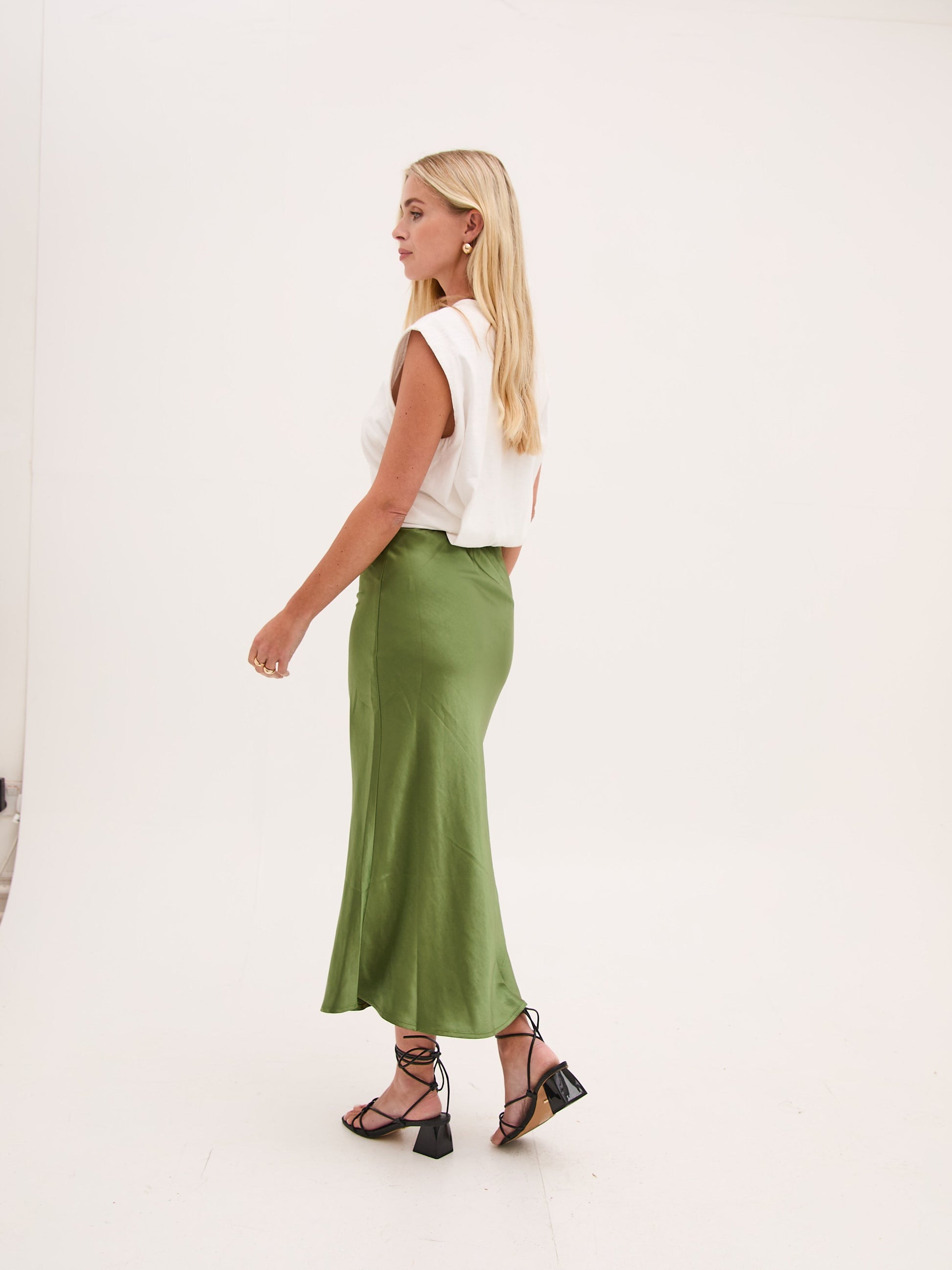 Angel Khaki Satin Skirt by Fika - Bare Fashion