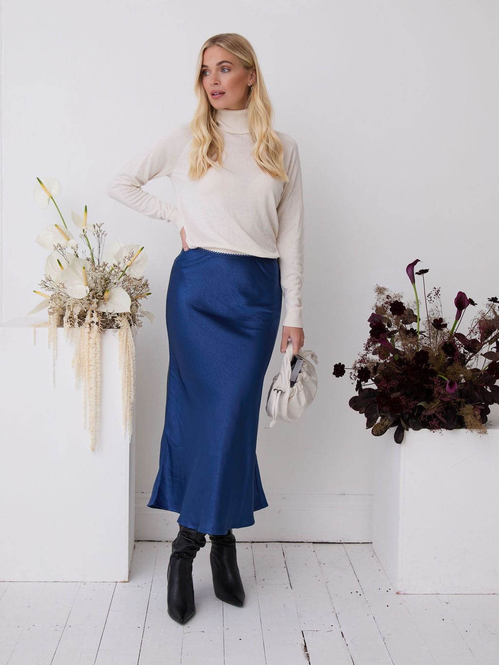 Angel Navy Satin Skirt by Fika - Bare Fashion