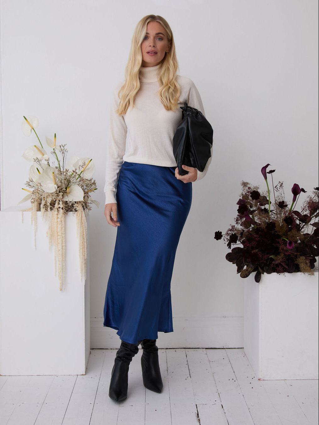 Angel Navy Satin Skirt by Fika - Bare Fashion