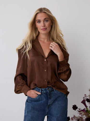 Freya Chocolate Relaxed Satin Shirt by Fika - Bare Fashion