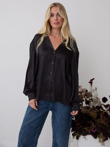 Freya Black Satin Shirt by Fika - Bare Fashion