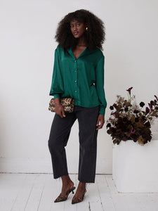 Freya Green Relaxed Satin Shirt by Fika - Bare Fashion