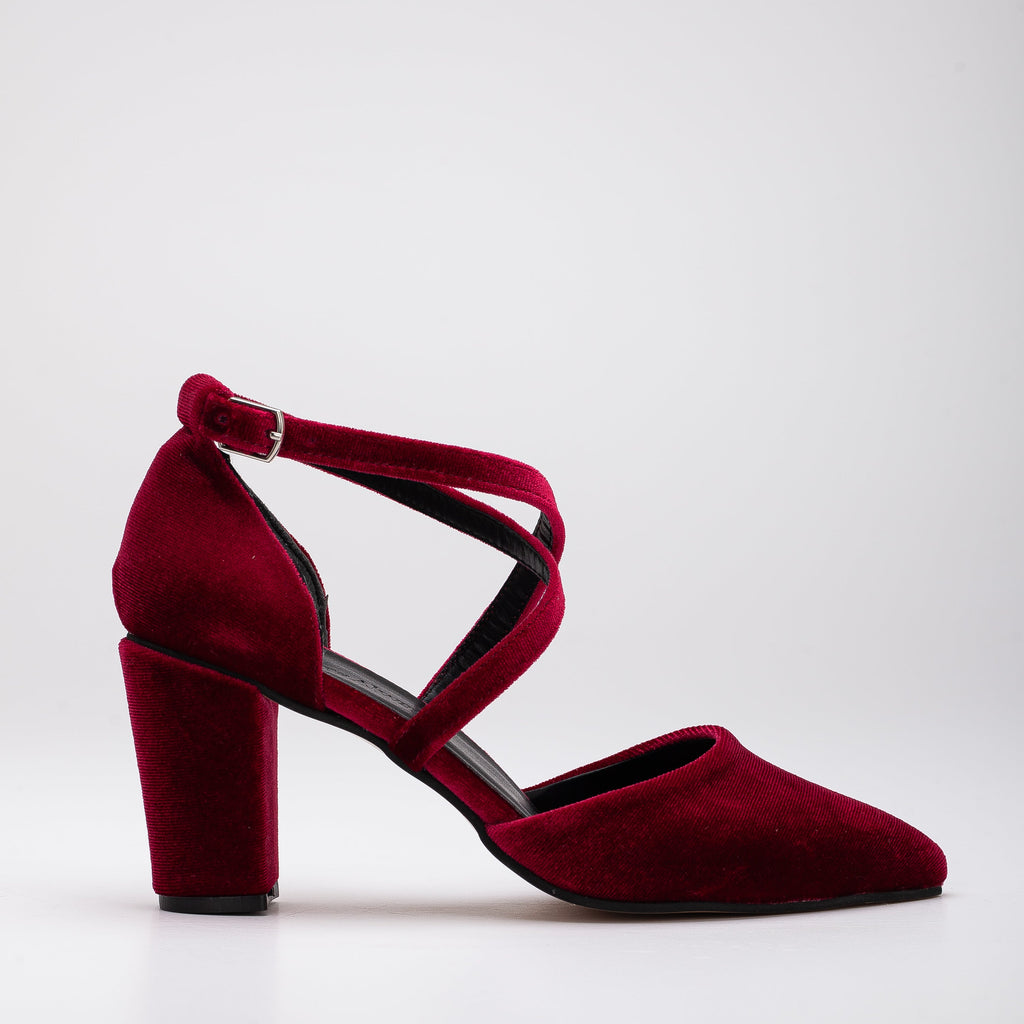 Sina - Dark Red Velvet Heels, Burgundy Velvet Shoes by Prologue Shoes - Bare Fashion