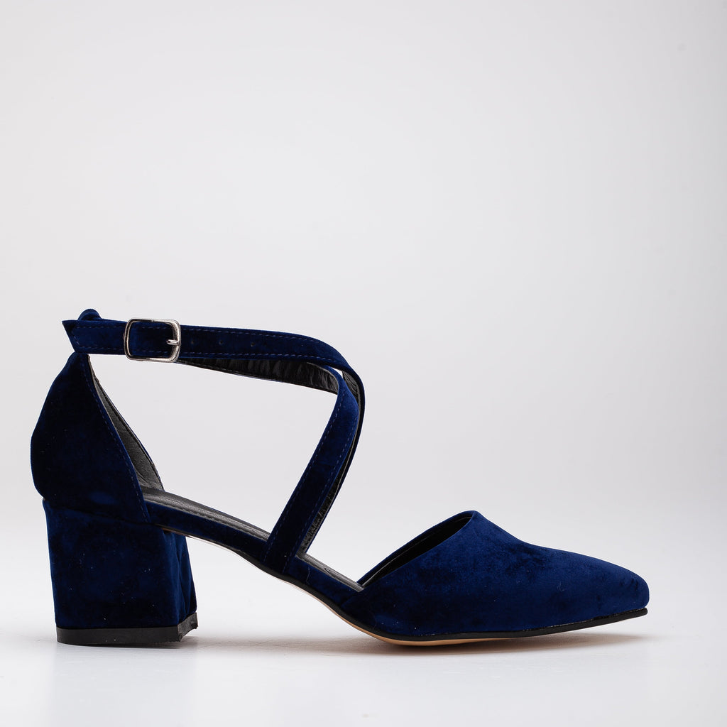 Dolly - Blue Velvet Block Heels by Prologue Shoes - Bare Fashion