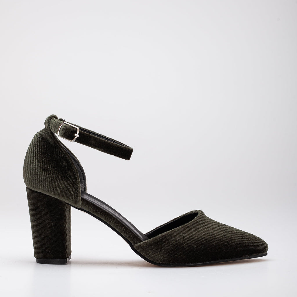 Gisele - Olive Green Velvet Heels with Ribbon by Prologue Shoes - Bare Fashion