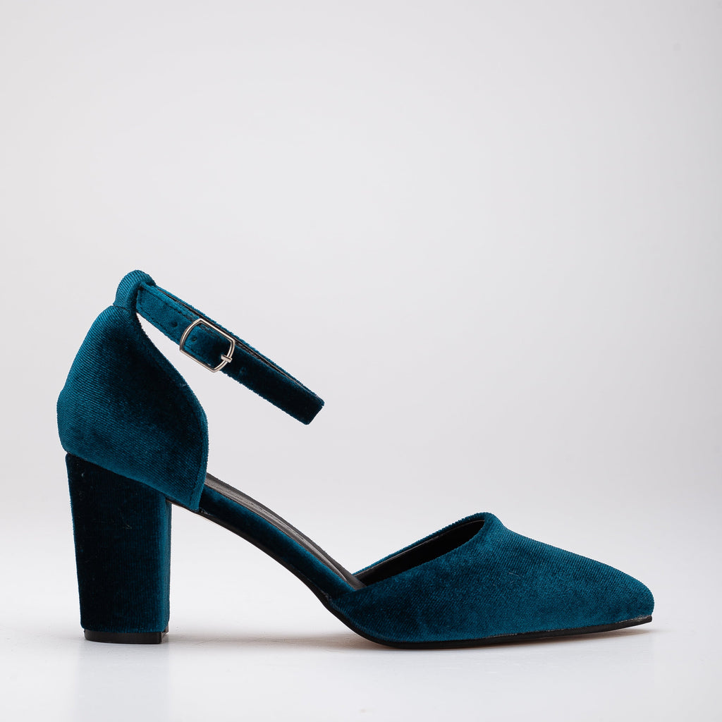 Gisele - Teal Blue Velvet Heels with Ribbon by Prologue Shoes - Bare Fashion