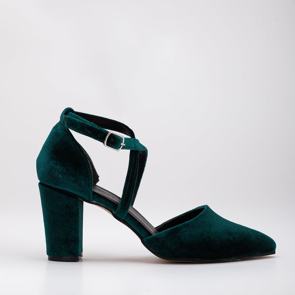 Sina - Green Velvet Criss Cross Heels by Prologue Shoes - Bare Fashion