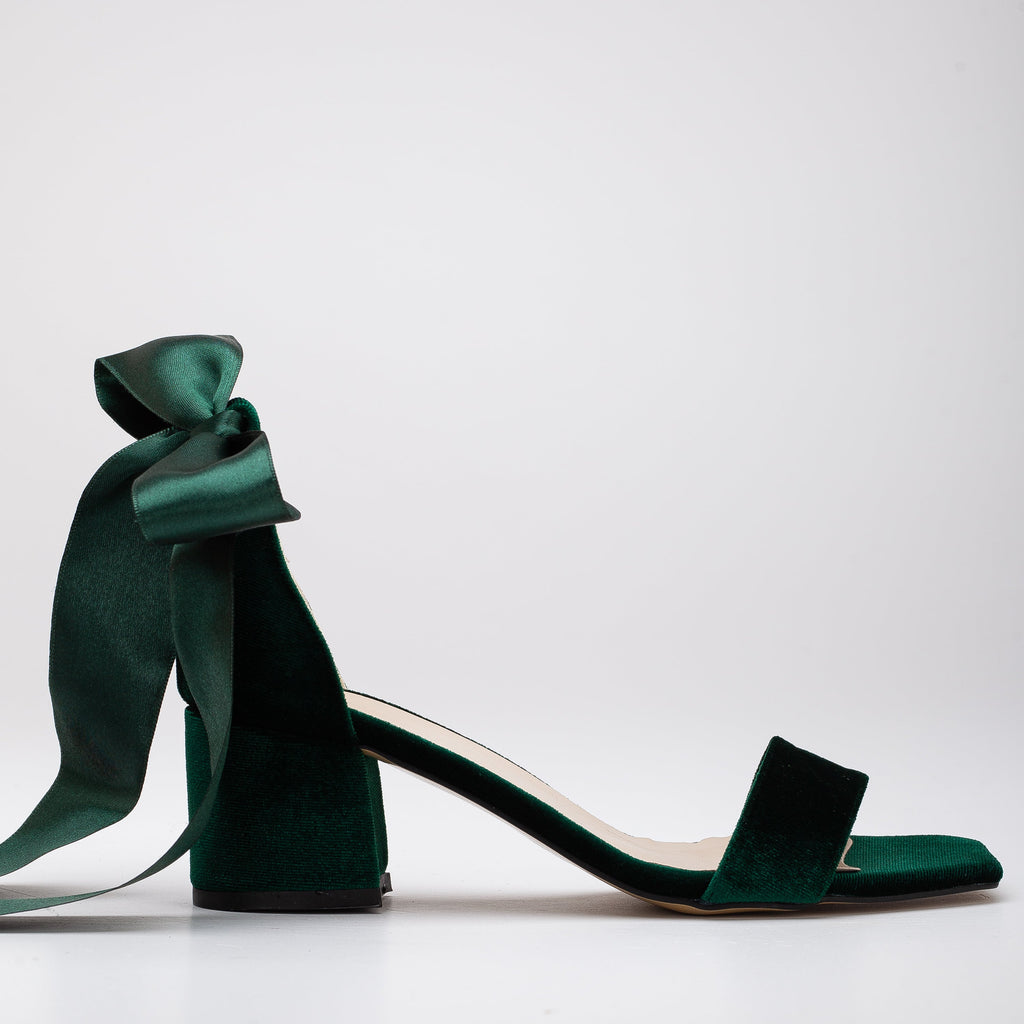 Hera - Green Velvet Low Heel Sandals with Ribbon by Prologue Shoes - Bare Fashion