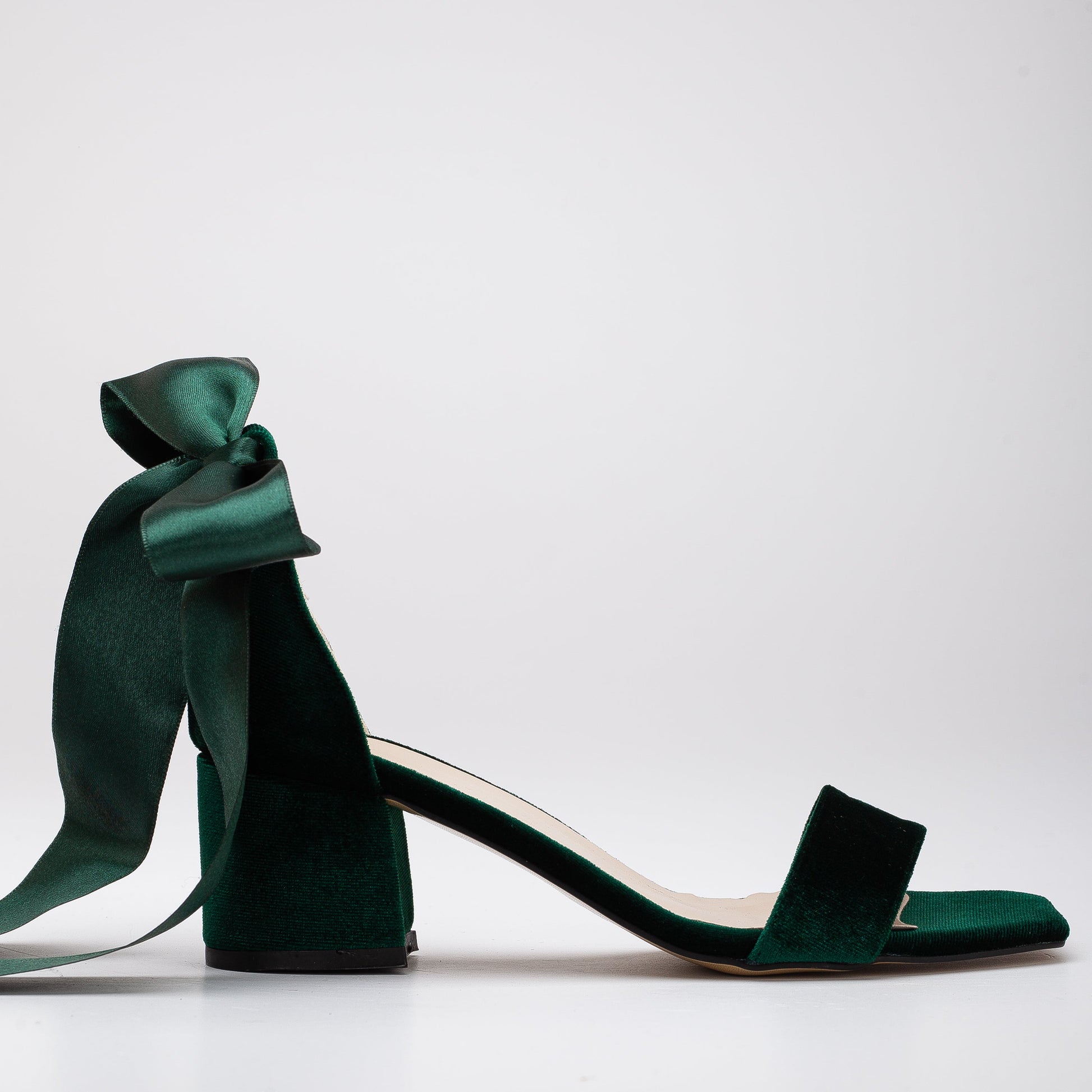 Hera - Green Velvet Low Heel Sandals with Ribbon by Prologue Shoes - Bare Fashion