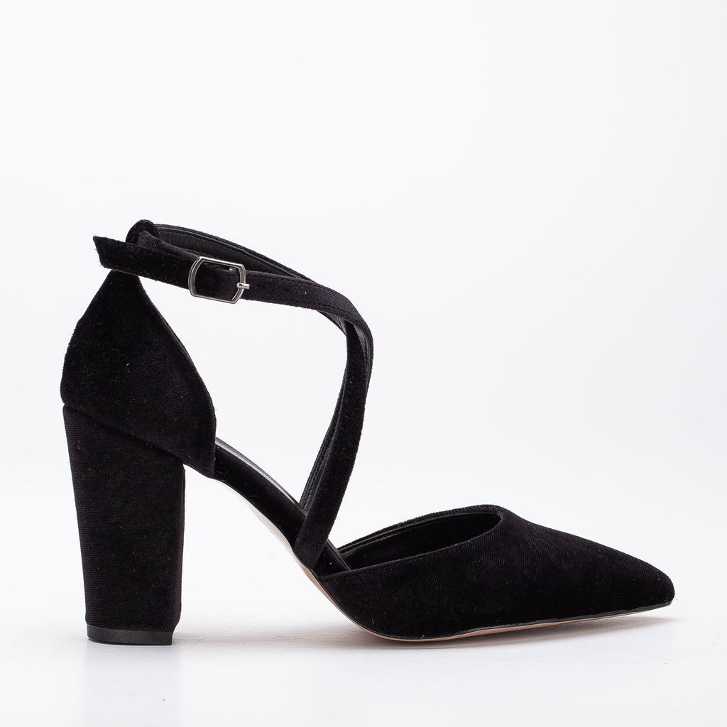 Sina - Black Velvet Criss Cross Heels by Prologue Shoes - Bare Fashion